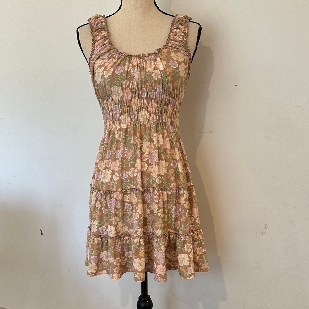 Wild skye, Brown floral mini dress size medium with ruffles and elastic waist